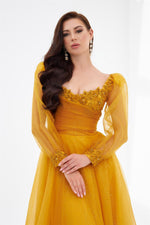 Yellow Glittery Tulle Front Embroidered Long Sleeve Engagement Dress
