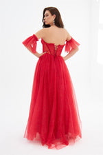 Red Glittery Tulle Tie Back Strapless Engagement