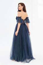 Navy Blue Silvery Tulle Tie Back Strapless Engagement Dress