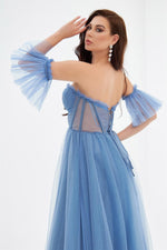 Indigo Glittery Tulle Tie Back Strapless Engagement Dress