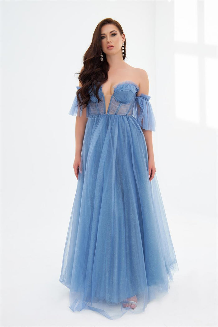 Indigo Glittery Tulle Tie Back Strapless Engagement Dress