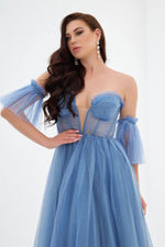 Indigo Glittery Tulle Tie Back Strapless Engagement Dress