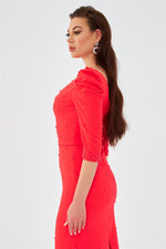 Coral Crepe Pearl Embroidered Long Evening Dress