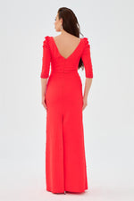 Coral Crepe Pearl Embroidered Long Evening Dress