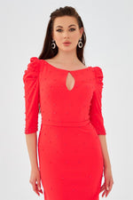 Coral Crepe Pearl Embroidered Long Evening Dress
