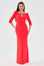 Coral Crepe Pearl Embroidered Long Evening Dress