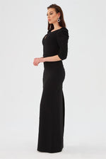 Black Crepe Pearl Embroidered Long Evening Dress