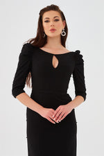 Black Crepe Pearl Embroidered Long Evening Dress