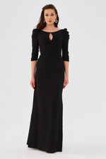 Black Crepe Pearl Embroidered Long Evening Dress