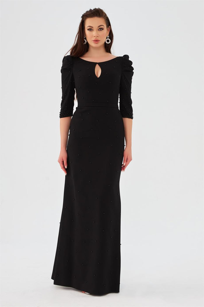 Black Crepe Pearl Embroidered Long Evening Dress