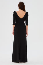 Black Crepe Pearl Embroidered Long Evening Dress