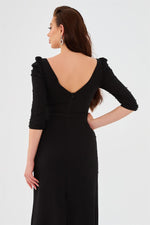 Black Crepe Pearl Embroidered Long Evening Dress