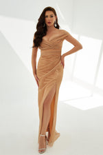Taba Glitter Knitted Strapless Long Evening Dress
