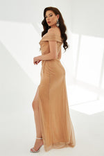 Taba Glitter Knitted Strapless Long Evening Dress