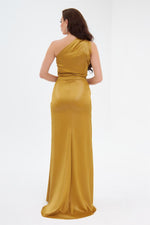 Saffron Foil One Sleeve Slit Long Evening Dress