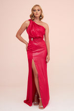 Angelino Fuchsia Foil One Sleeve Slit Long Evening Dress