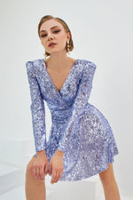 Lavender Sequined Long Sleeve Short Evening Dress
