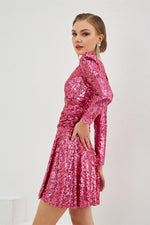 Fuchsia Sequined Long Sleeve Short Evening Dress