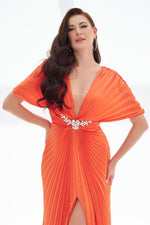 Orange Plisoley Waist Stony Bust Decollete Long Evening Dress