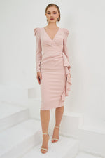 Powder Crepe Low-Cut Back Waistband Midi Evening Dress