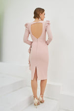 Powder Crepe Low-Cut Back Waistband Midi Evening Dress