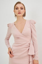 Powder Crepe Low-Cut Back Waistband Midi Evening Dress