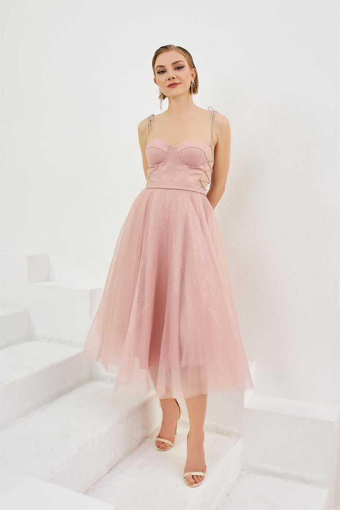 Powder Tulle Strap Princess Midi Promise and Engagement Dress