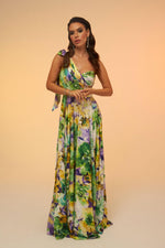 Angelino Green Printed Single Sleeve Long Evening Dress