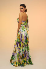 Angelino Green Printed Single Sleeve Long Evening Dress