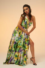 Angelino Green Printed Single Sleeve Long Evening Dress