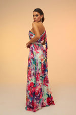 Angelino Fuchsia Printed Single Sleeve Long Evening Dress