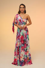 Angelino Fuchsia Printed Single Sleeve Long Evening Dress