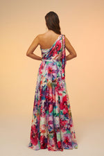 Angelino Fuchsia Printed Single Sleeve Long Evening Dress