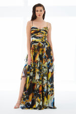 Orange Empirme Belly Decollete Slit Long Evening Dress