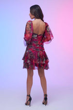 Angelino Fuchsia Printed Short Evening Dress with Low-cut Back