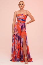 Angelino Orange Strap Slit Printed Evening Dress