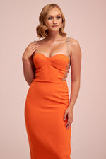 Angelino Orange Stone Lace Midi Crepe Evening Dress