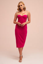 Angelino Fuchsia Stone Lace Midi Crepe Evening Dress