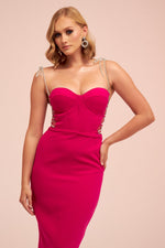 Angelino Fuchsia Stone Lace Midi Crepe Evening Dress