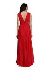 Angelino Red Chiffon V -Neck Long Evening Dress