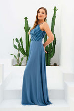 Angelino indigo strap stamp sequined long evening dress dress