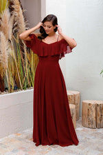 Angelino Bordeaux Long Evening Dress with Low Sleeve Strap