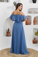 Angelino Indigo Long Evening Dress with Low Sleeve Strap