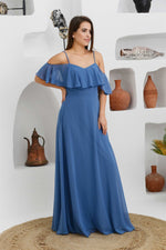 Angelino Indigo Long Evening Dress with Low Sleeve Strap