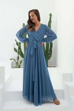 Angelino Indigo Chiffon Cruve Long Evening Dress