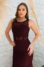 Angelino Bordeaux Lace Volan Short Evening Dress