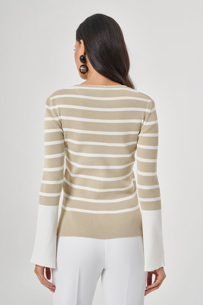 Striped Cuff Beige-Ecru Knitwear Blouse