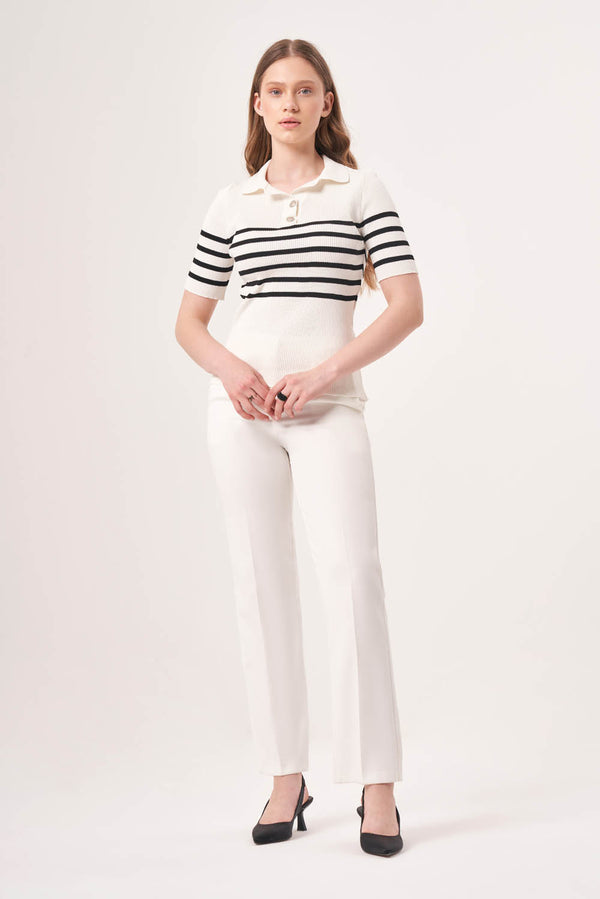 Striped Polo Neck Ecru-Black Knitwear