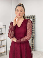 Lace Fabric V -Neck Midi Dress - Burgundy