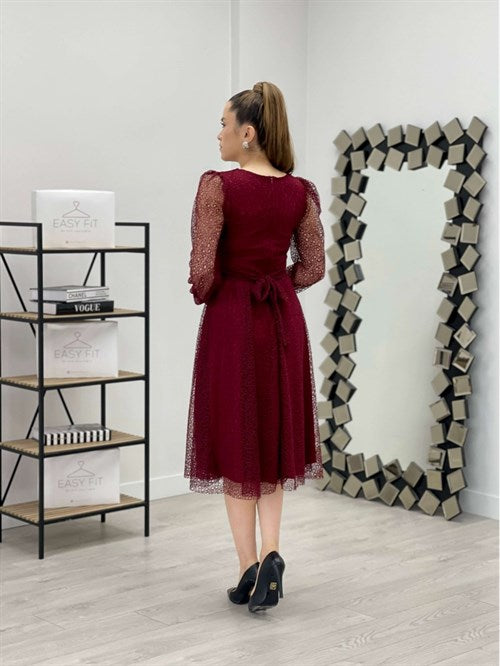 Lace Fabric V -Neck Midi Dress - Burgundy